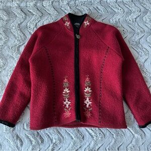Icelandic Design Embroidered 100% Wool Red Jacket Lined Pockets Sz M Nordic